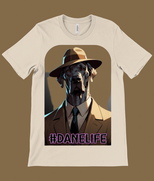 #DANELIFE Detective Noir 1: A image of a Great Dane dog in a hat and suit in a noir style. 